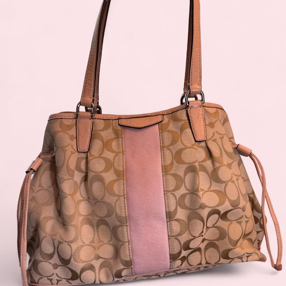COACH F28501 Signature Light PINK Drawstring Satchel Classic Brown Tote Purse